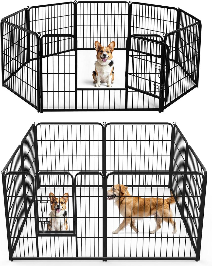DUMOS Dog Playpen Indoor, Metal 32 Inch 8 Panels Foldable Pet Fence with Door, Outdoor Small Medium Large Dog Puppy Portable Exercise Play Pen for RV Camping, Trips, Play Yard (Black)