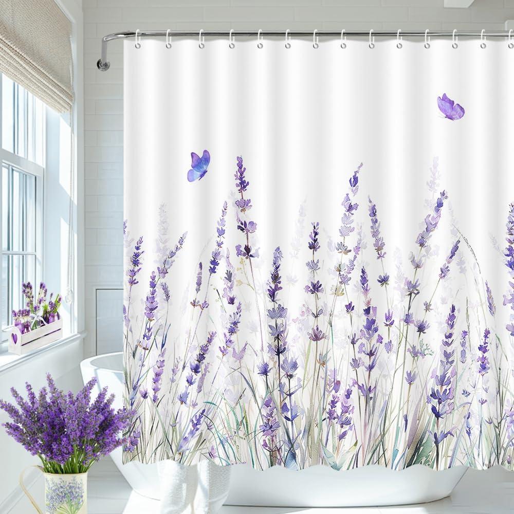 MEHOFOND Lavender Shower Curtain Purple Floral Butterfly Shower Curtain for Bathroom Spring Lavender Wildflowers Plant Leaves Bathtub Decor Fabric Waterproof Washable Bath Curtain 72x72 Inch