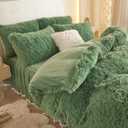 Faux Fur Sage Green Comforter Cover Queen Set, Soft Fluffy Shaggy Sage Green Bedding Queen Set 3 Pieces (1 Fuzzy Duvet Cover + 2 Plush Pillow Cases) Furry Bed Set, Zipper Closure