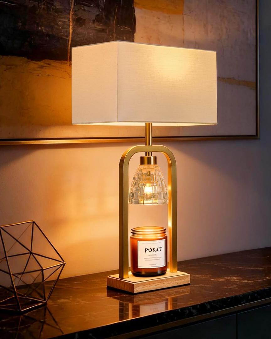 PoKat Gold Table Lamp Candle Warmer, Candle Warmer Lamp with Timer Dimmer, Wax Light Warming Table Lamp for Jar Candles, Modern Bedside Lamp for House Warming Home Decor Living Room, Bulb Included (Set of 1 - Brushed Gold With Wood-print Finish)