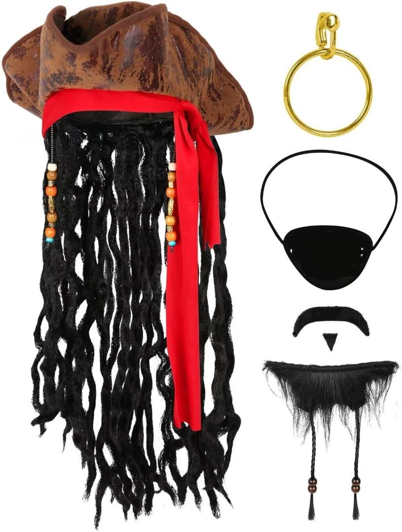 Cosrea Pirate Hat for Men Pirate Costume with Eye Patch Earring Mustache Accessories