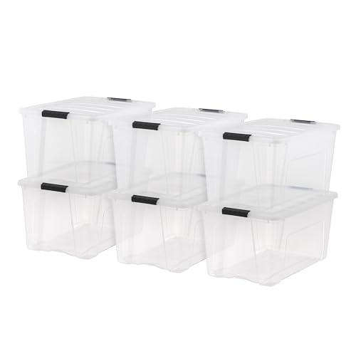 IRIS USA 72 Qt Stackable Plastic Storage Bins with Lids, 6 Pack - BPA-Free, Made in USA - See-Through Organizing Solution, Latches, Durable Nestable Containers, Secure Pull Handle - Clear