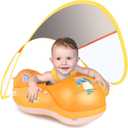 LAYCOL Baby Swimming Float Inflatable Baby Pool Float Ring with Sun Protection Canopy,add Tail no flip Over for Age of 3-36 Months (Large, yellow)