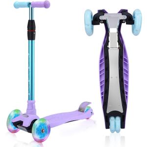 3 Wheel Scooter for Kids Ages 6-12,Kids Scooter with Light Up Wheels, Sturdy Deck Design, and 4 Height Adjustable Suitable for Kids Ages 3-12 (Purple)