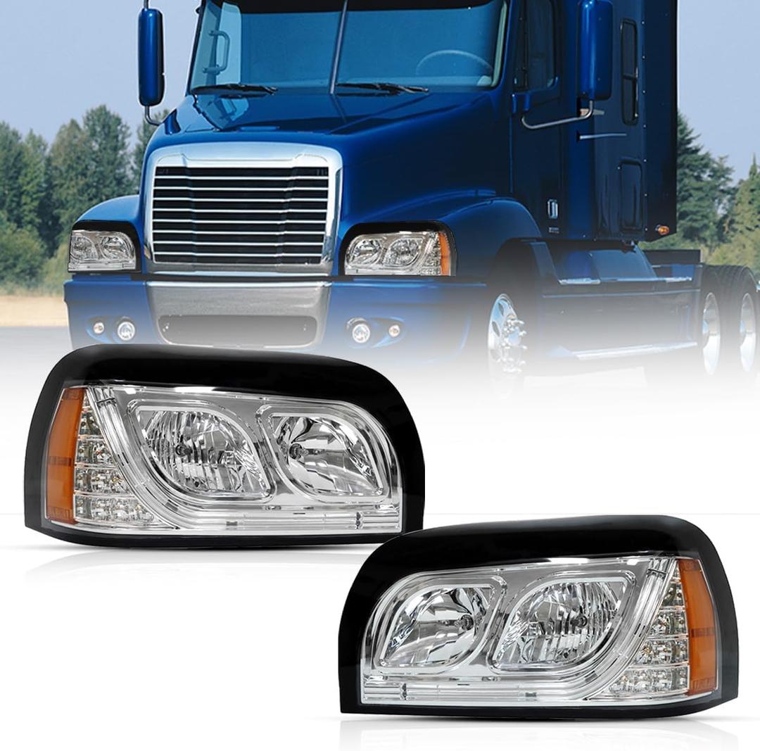 Headlights Assembly For Freightliner Century 2004 2005 2006 2007 2008 2009 2010 2011 2012 2013 2014 2015 Pair Set Halogen Headlamp SAE/DOT Approved，Black Color