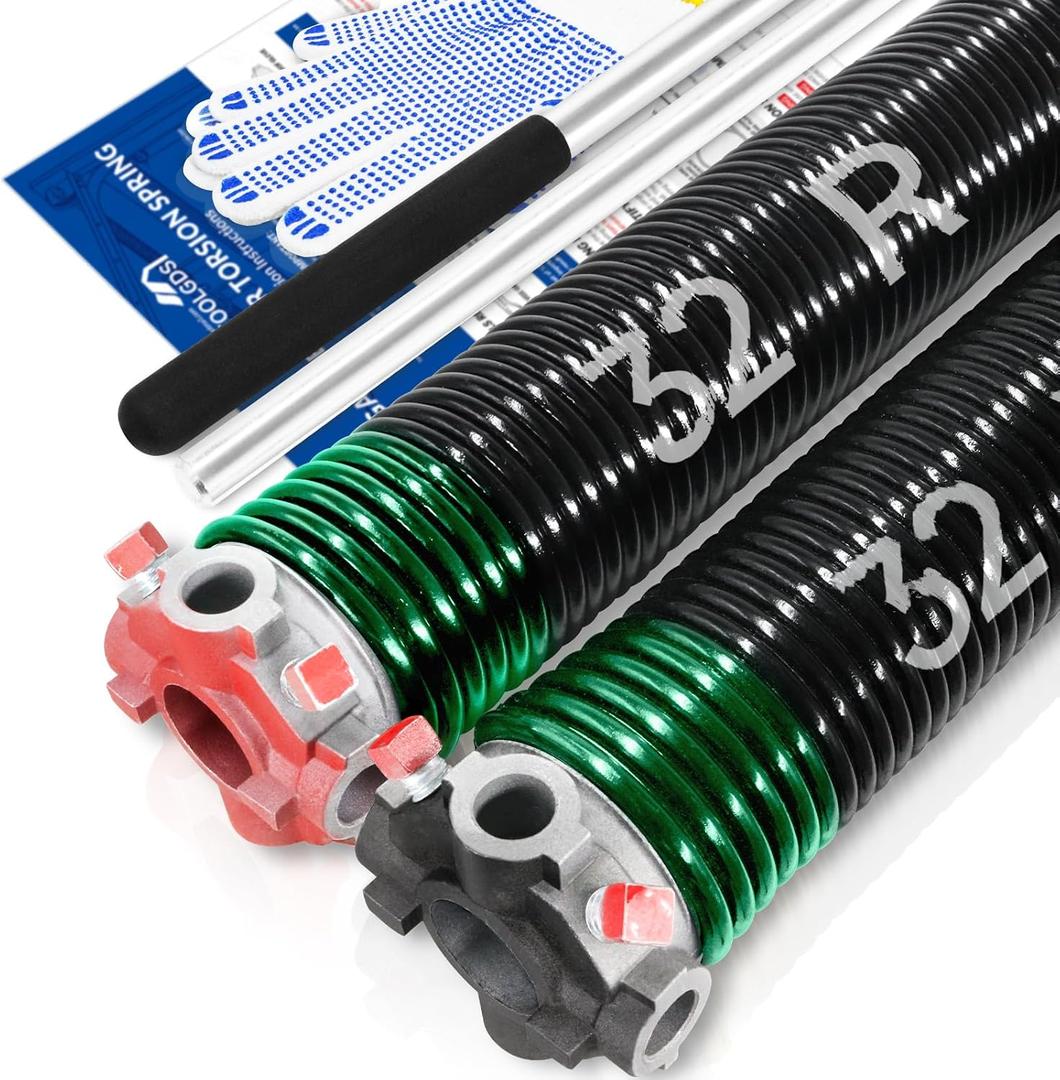 Pair of 2" Garage Door Torsion Springs Set with Non-Slip Winding Bars & Gloves, High Precision Electrophoresis Oil-Free Black Coated for Replacement, MIN 16,000 Cycles (0.243 x 2" x 32'')