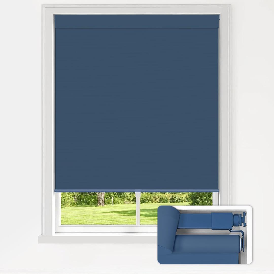 LazBlinds No Drill Blackout Roller Shades, 32" W x 72" H, Navy Blue | Cordless, Thermal Insulated Fabric, UV Protection, For Indoor Windows, For Home and Office