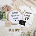 Canlierr 8 Pcs Pregnancy Announcement Set Pregnancy Reveal Ideas Include Felt Letter Round Board Kit Baby Bodysuit Booties Wood Blocks Wooden Signs for Coming Soon Baby Announcement(White)