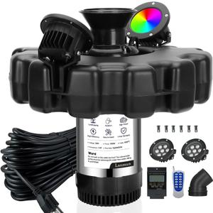 Pond Fountain Aerator, with 2 RGB Lights 1HP 110V 15000 GPH Pond Fountain Pump with Lights, Fully Automatic Lake Floating Fountain, 100 FT Power Cord, Pond Fountains for Small Large Ponds Lake