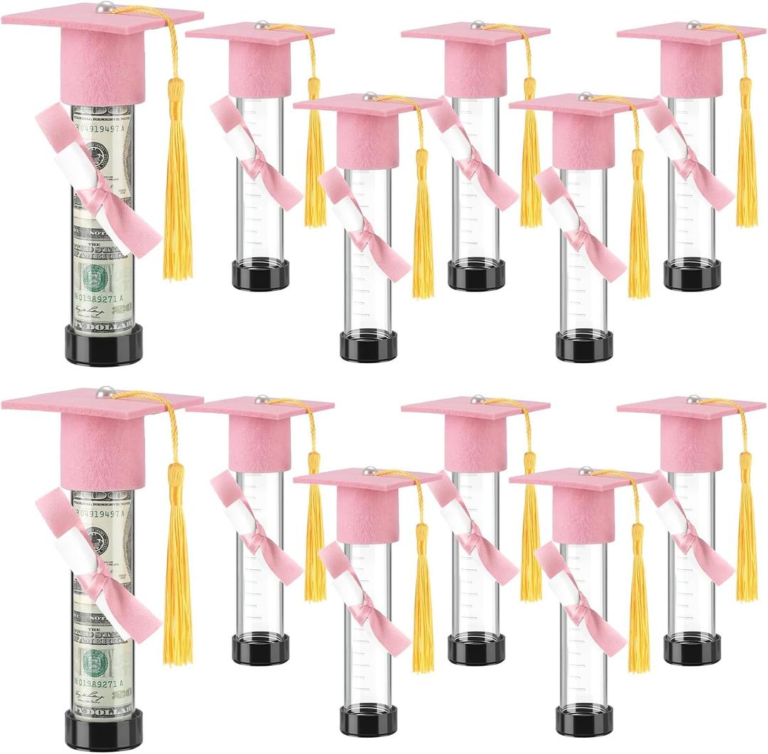 Qunclay 12 Pack Graduation Candy Tubes Class of 2026 Pink Graduation Cash Gift Plastic Grad Cap Jars Candy Container with Tassels and Diploma for Grad Table Decor Party Favors