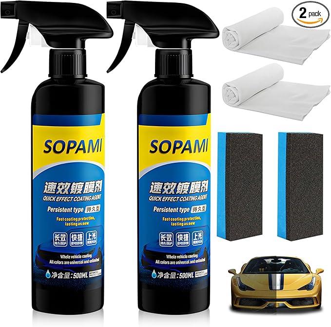2Pcs Sopami Car Coating Spray,Quick Effect Coating Agent,Quickly Coat Car Wax,Car Scratch Wax Polish Spray Waterless Wash,Oil Film Emulsion Glass Cleaner with towel (Sponge*2+Cloth*2)