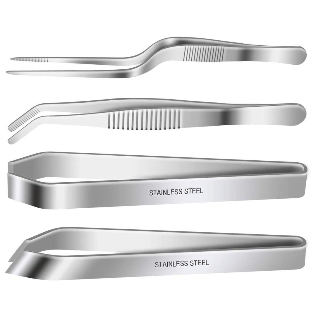 4 Pieces Fish Bone Tweezers Set, Two 4.6" Stainless Steel Tweezer and Two 5.5" Tongs for Cooking Food Design Styling