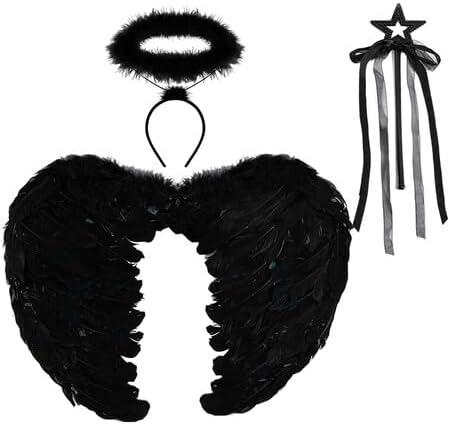 Spooktacular Creations Black White Angel Wings Halo Headband with Wand for Kids Feather Fairy Wings Halloween Party Costume (Black)