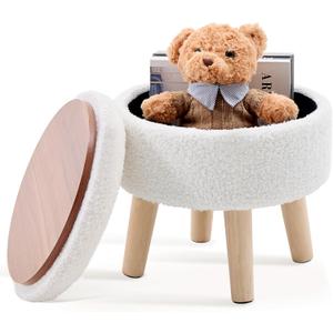 Mxfurhawa Versatile Storage Ottoman, Round Footstool with Soft Padded Seat, Small End Table with 4 Wood Legs, Teddy Velvet Foot Rest for Couch, Shoe Changing Stool for Living Room (Cream)