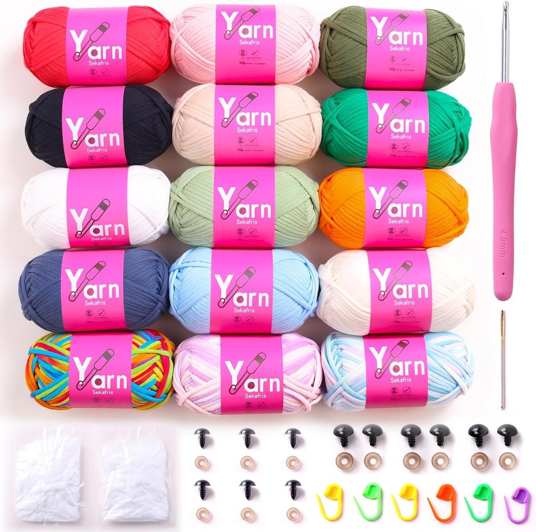 15 Pack Crochet Yarn Beginner - Black White Orange Red Green Rainbow Hot Pink Yellow Cotton Chunky Yarn - with Easy-to-See Stitches Beginner Yarn for Crocheting (15 * 50g)