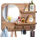 Wooden Key Rack with Mirror, Shelf and 4 Key Hooks for Rustic Entrances, Hallways, Living Rooms and Bedrooms - 16"x12" (Oak Color)