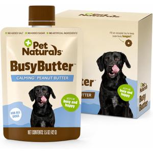 Pet Naturals BusyButter Easy Squeeze Calming Peanut Butter for Dogs, 6 Pouches - Great for Treats, Lick Mats, Training, Calming, and Occupier Toys, Busy Butter, 1.5oz (Pack of 6) (EXP: 03/18/2028)