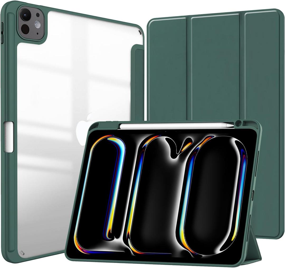 T Tersely Case Cover for iPad Pro 11-inch (M4 2024) with Pencil Holder, Slim Tablet Cover with Transparent Shockproof Hard Back, Protective Smart Sleep/Wakeup - Green