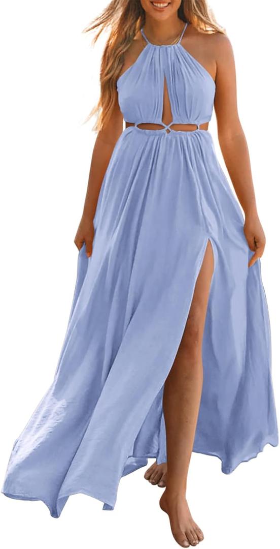 BTFBM Women Halter Summer Dresses 2026 Sleeveless Cutout Backless Sundress Slit Boho Maxi Beach Wedding Guest Dress(Blue, X-Lage)