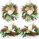 4 Pcs Christmas Lambs Ear Candle Rings 3 Inch Artificial Lambs Ear Wreaths with Red Berries Mini Xmas Wreaths Candle Ring Holder for Christmas Decorations Table Front Door Indoor Centerpiece