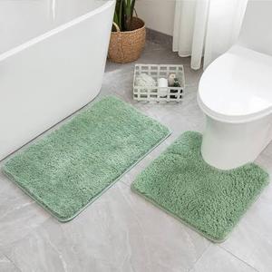 MIULEE Sage Green Bathroom Rugs Set 2 Piece, Soft Absorbent Microfiber Bath Mat and U-Shaped Contour Toilet Rug, Non Slip Quick Dry Washable Plush Shaggy Bath Rugs for Bathroom，20"x20"+16"x24"