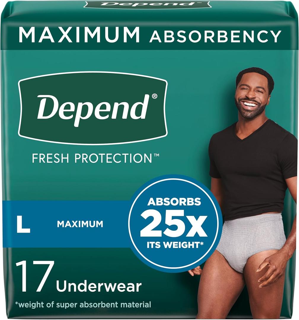 Depend Fresh Protection Adult Incontinence Underwear for Men, Disposable, Maximum, Large, Grey, 17 Count, Packaging May Vary