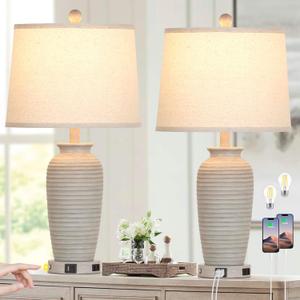 CINSARY 25" Farmhouse Jar Table Lamps Set of 2, 3 Way Touch Control Rustic Bedside Lamps with USB A+C Ports & AC Outlet, Pot Nightstand Lamps for Bedroom Living Room (LED Bulbs Included)