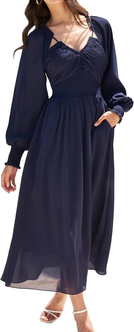 Long Sleeve Chiffon Midi Dresses Cut Out Back Sexy V Neck Smocked Waist Fall Wedding Guest Dress with Pockets