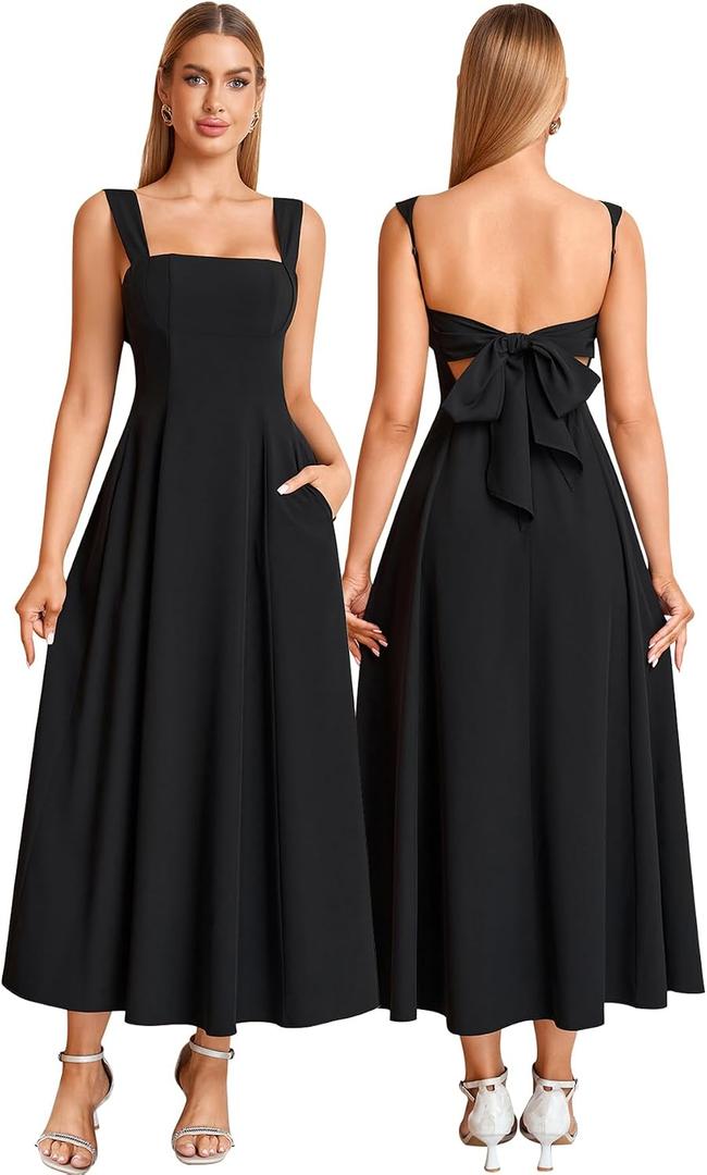KUTUMAI Bow Tie Floral Corset Midi Dress Flowy Summer Tea Party Wedding Guest Dresses for Women Sundress with Pockets (Black)