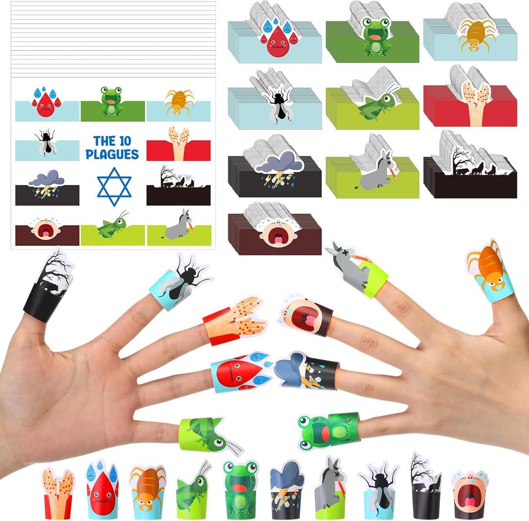 Tenceur 24 Sets Passover Plagues Crafts for Kids, 10 Plagues Finger Puppets Make Your Own Paper Hand Toys for Storytelling Jewish Pesach Seder Celebration Party Supplies Educational Fun
