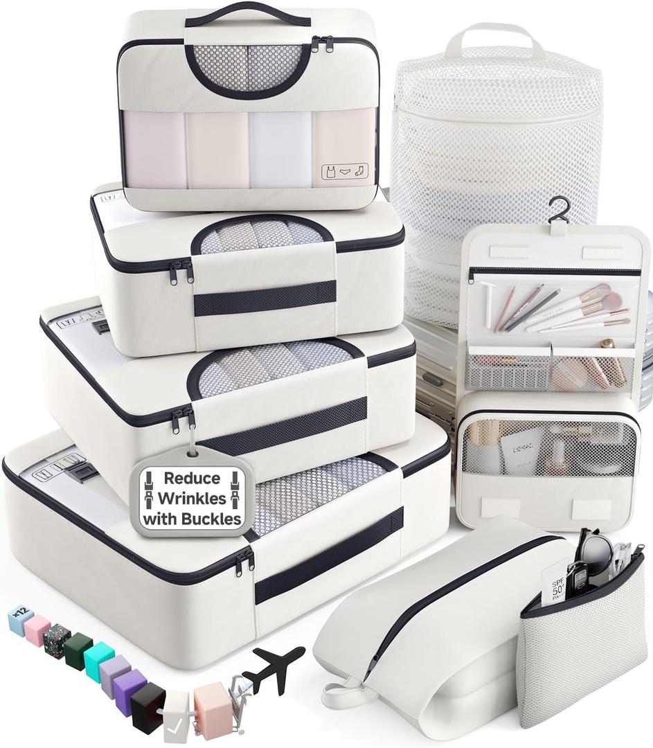 Veken 8 Set Packing Cubes for Travel Essentials, Anti-Wrinkle Buckled Suitcase Organizer for Shoe & Toiletry Bag, Carry On Luggage Bag for Airplane & College Dorm Room Accessories, Women Men Gifts
