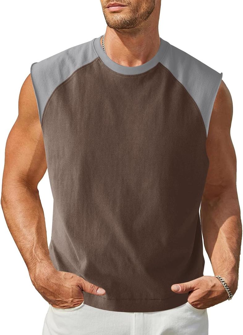 Minclouse Men's Casual Raglan Sleeves Tank Tops Sleeveless Crew Neck T Shirts Color Block Tees (M)