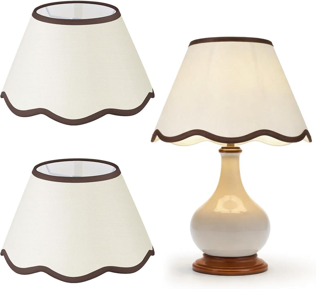 VIHOSE 9.4'' Bottom x 5.9'' High x 5.1'' Top Set of 2 Beige Lamp Shade with Petal Edge, Fabric Chandelier Scalloped Lampshade, for Floor Wall Lamps Table Bedroom Living Room(Brown Edge)