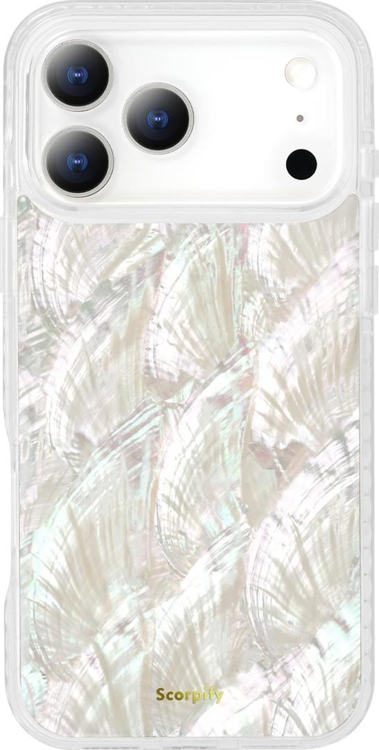 SCORPIFY for iPhone 17 Pro Case [Compatible with MagSafe] with Genuine Natural Mother of Pearl Design and Seashell Pattern, Cute Clear Magnetic Phone Cover Bumper for Women Girls and Men