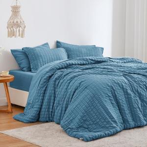 Love's cabin Seersucker Misty Blue Twin Comforter Set, 5-Piece All Season Lightweight Bed in a Bag Bedding Set with Comforter, Flat Sheet, Fitted Sheet, Pillowcase and Sham | Soft, Breathable, Lightweight (Twin (68"X88"))