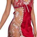 RoseSeek Women's Mesh Floral Embroidery Lace Trim Sheer Chemise Sleep Dresses Babydoll Nightgown Satin Slip Dress (Red, S)