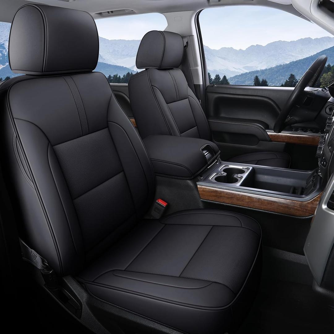 Coverado Chevy Silverado Seat Covers, Faux Leather Seat Covers Fit for Chevy Silverado GMC Sierra 2007-2025 1500, 2015-2025 2500HD 3500HD Crew Double Extended Cab (Front, Black)