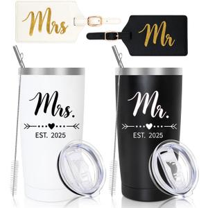 DHQH Personalized Mr and Mrs EST 2025 Gift Stainless Steel Travel Tumbler & Leather Luggage Tag Set - Wedding Gifts for Couples 2025 Perfect Newlywed, Engagemen and Bridal Shower Gifts