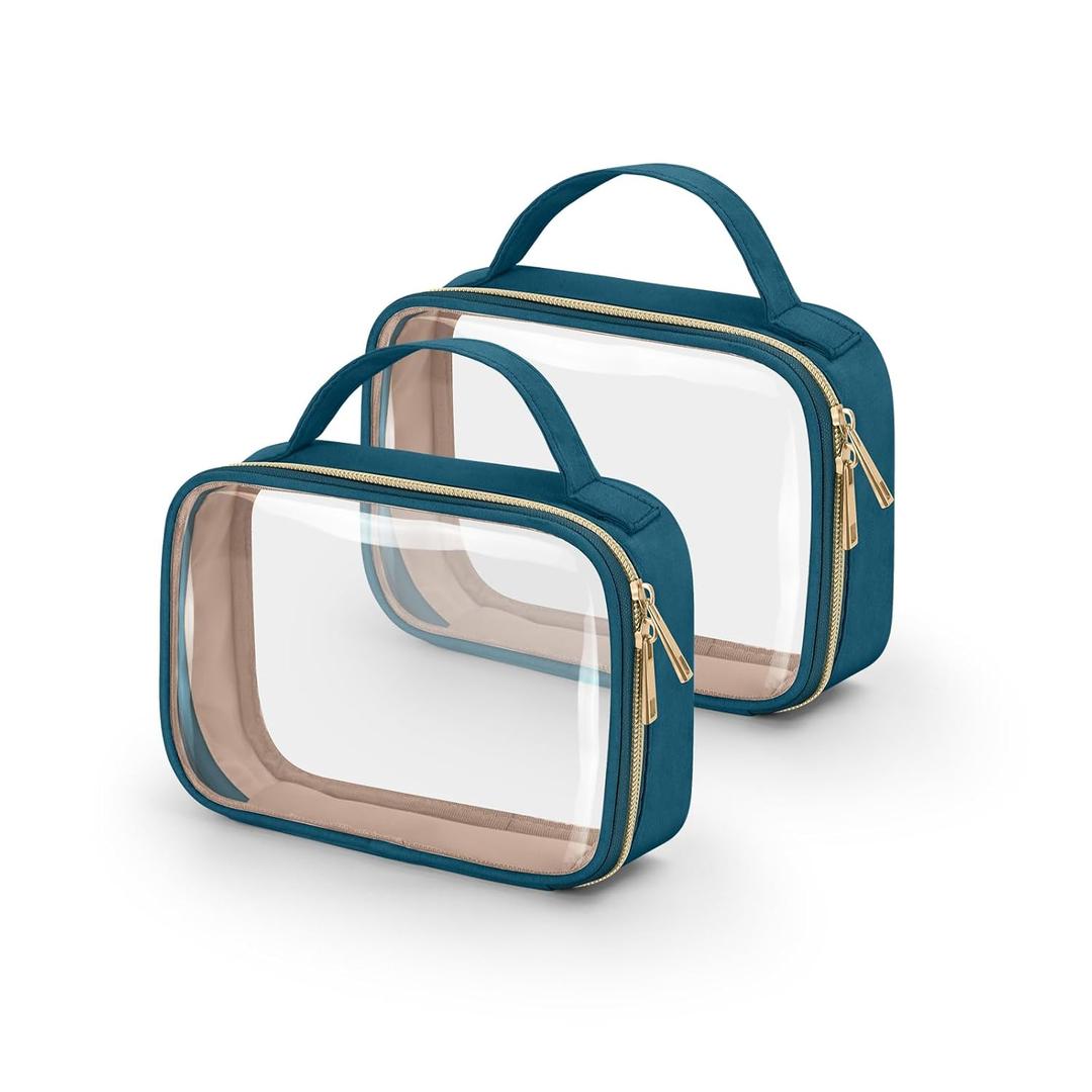 Wedama TSA Approved Toiletry Bag, 2 Pack Clear Makeup Bags with Handles, Quart Size Clear Toiletry Bags, PVC Cosmetic Bag for Women and Men, Carry on Airport Airline Compliant Bag, Til Blue