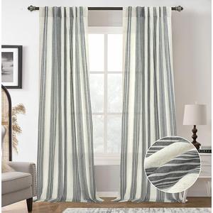 DriftAway Farmhouse Curtains for Living Room Vertical Striped Linen Curtains Semi Sheer Light Filtering Back Tab Rod Pocket Window Treatments, 96 Inches Long, 2 Panels, Grey on Beige