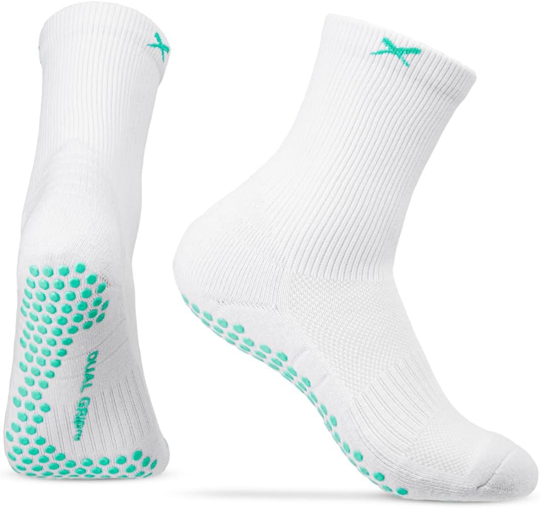 Lux DualGrip Pickleball Grip Socks - Cushioned Crew Athletic Compression Socks for Men & Women for Tennis, Padel & Badminton (White)