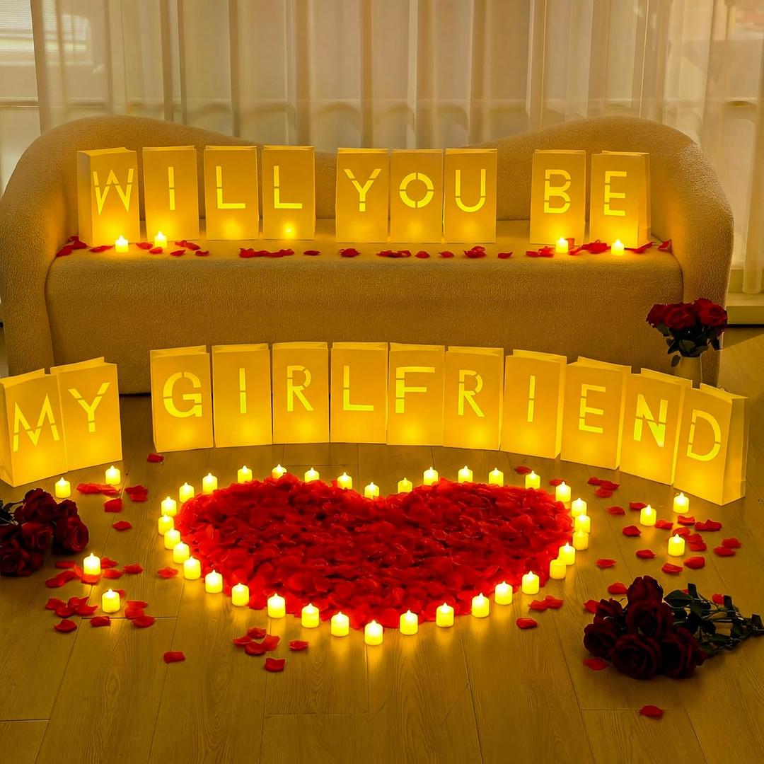 6093 Pcs Will You Be My Girlfriend Light up Letters with LED Flameless Tealight Candle Red Rose Petal Letter Luminary Paper Bag for Valentine's Day Decoration Romantic Special Night Decor