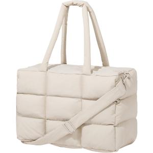 Puffer Tote Bag with Laptop Compartment, Quilted Shoulder Bag for Work Gym, Puffy Travel Carry On Tote with Zipper (Beige)