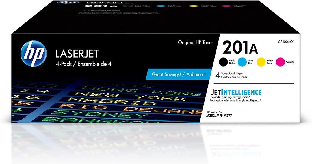 HP 201A Black, Cyan, Magenta, Yellow Toner Cartridges for HP Printers (4-Pack) | Works with Color LaserJet Pro M252; Color LaserJet Pro MFP M277 Series | CF400AQ1
