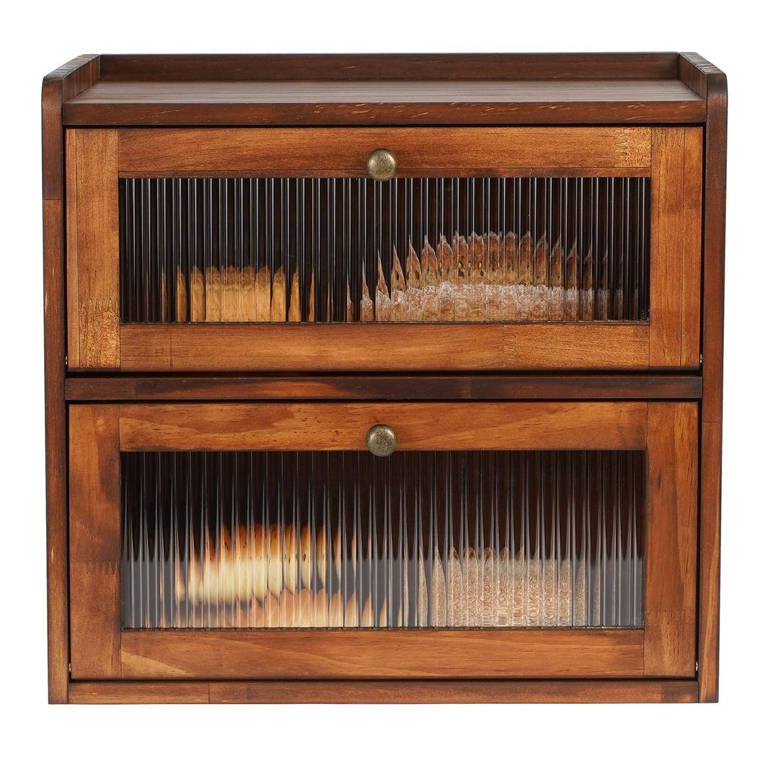 2 Pieces Bread Box for Kitchen Countertop Wooden Bread Storage Container Bin 2 Layer Breadbox Holder Large Capacity Keeper Vintage Farmhouse Food Organizer Pantry Shelf Acrylic Window (Brown)