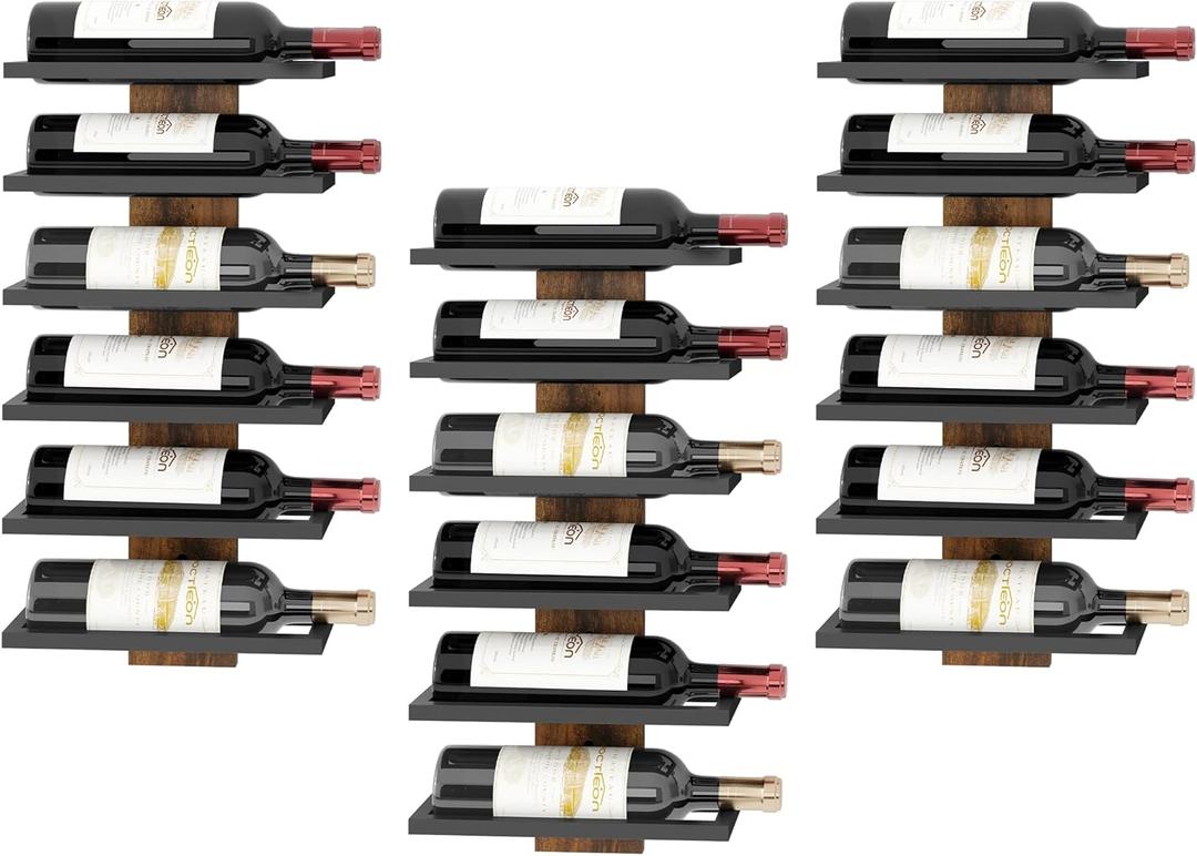 Hoctieon 3-Set 6 Tier Wall Mount Rack, Wall Mounted Bottle Racks for Display and Storage, Hanging Bottle Holder, for Living Room, Dining Room, Bar, Cellar, Rustic Brown