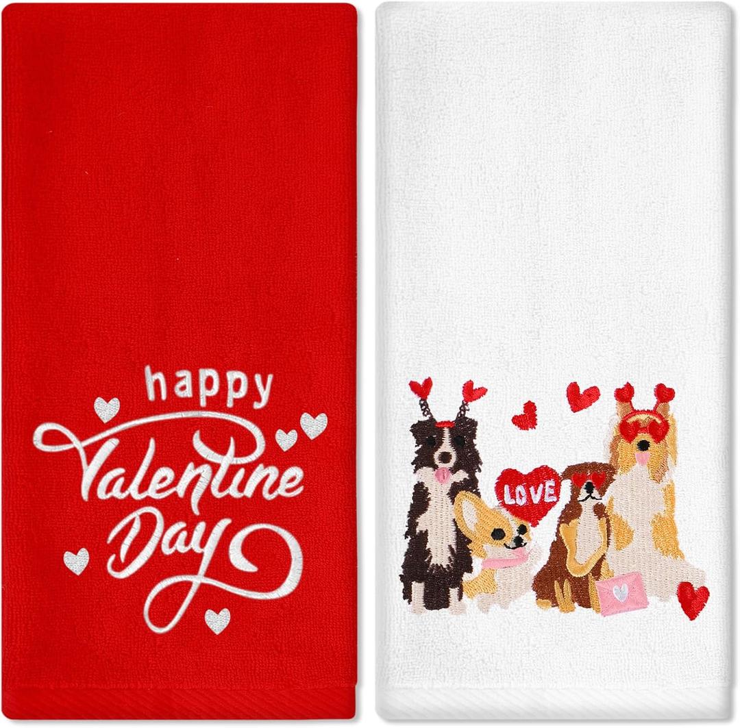 Whaline Valentine's Day Hand Towels Dog Love Heart Embroidered Cotton Bathroom Towel Absorbent Bath Towel for Hand Drying Cleaning Cooking, 29.5 x 13.7 Inch, 2Pcs
