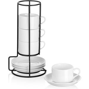 2.5oz Espresso Cups Set of 4, Porcelain Stackable Espresso Cups with Saucers and Metal Stand Set, White Expresso Shots Cup Set