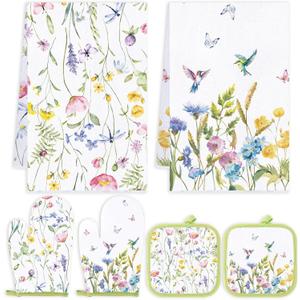 Qinyoung 6 Pcs Spring Floral Kitchen Towels Pot Holders and Oven Mitts Set Flowers Farmhouse Absorbent Dish Towels Heat Resistant Pot Holders and Oven Mitts for Cooking Baking
