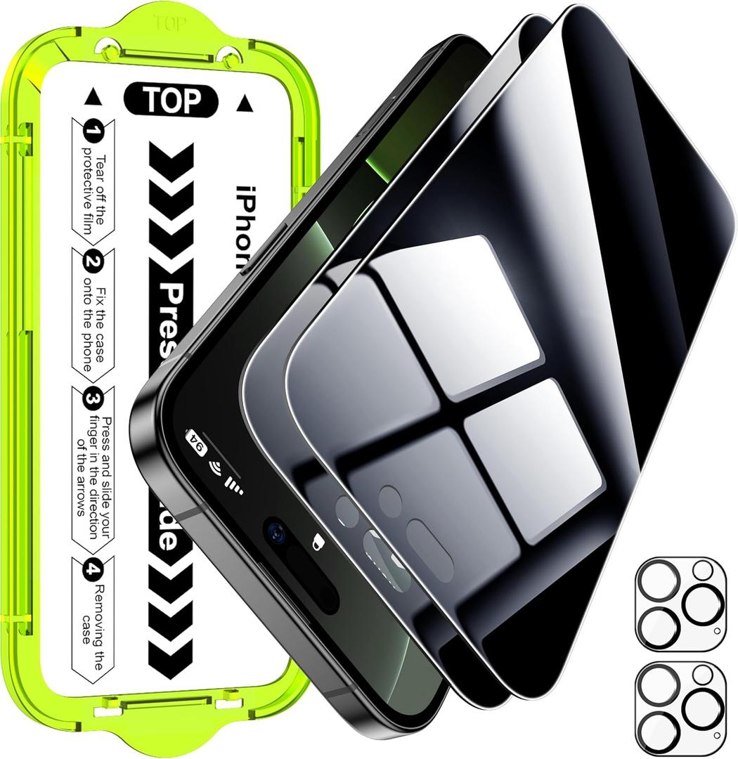 Esanik [2+2 Pack for iPhone 16 Pro Privacy Screen Protector  Anti-Spy Tempered Glass & Camera Lens Cover, Military-Grade 9H Hardness, Anti-Scratch, Flawless Fit Tray